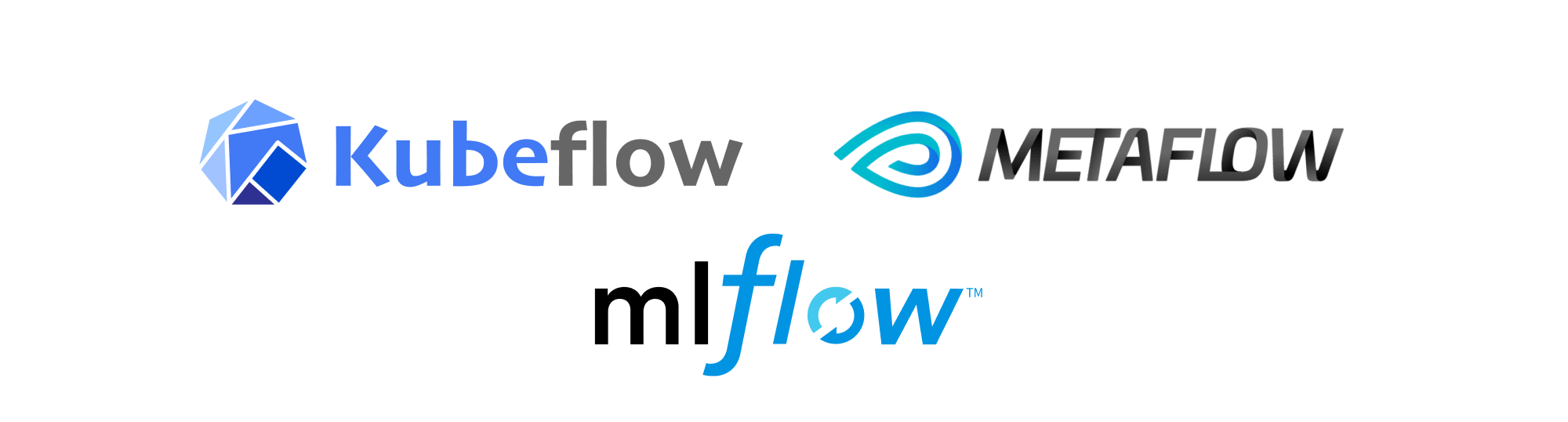 Logos of open-source MLOps platforms: Kubeflow, MLflow, Metaflow
