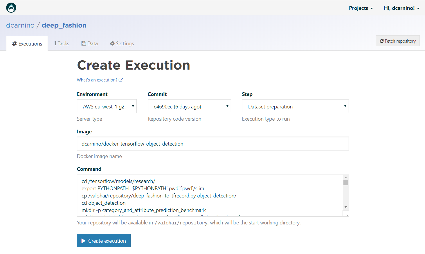 Dataset preparation step in Valohai.