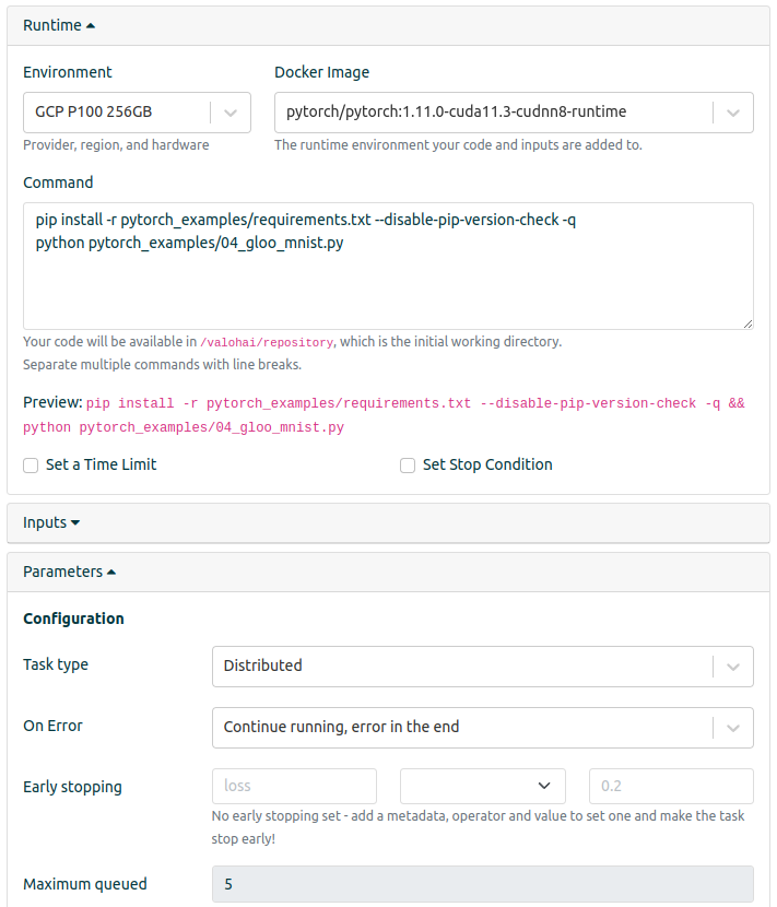 A screenshot of Valohai MLOps platform where the task type is set to distributed in the configurations.