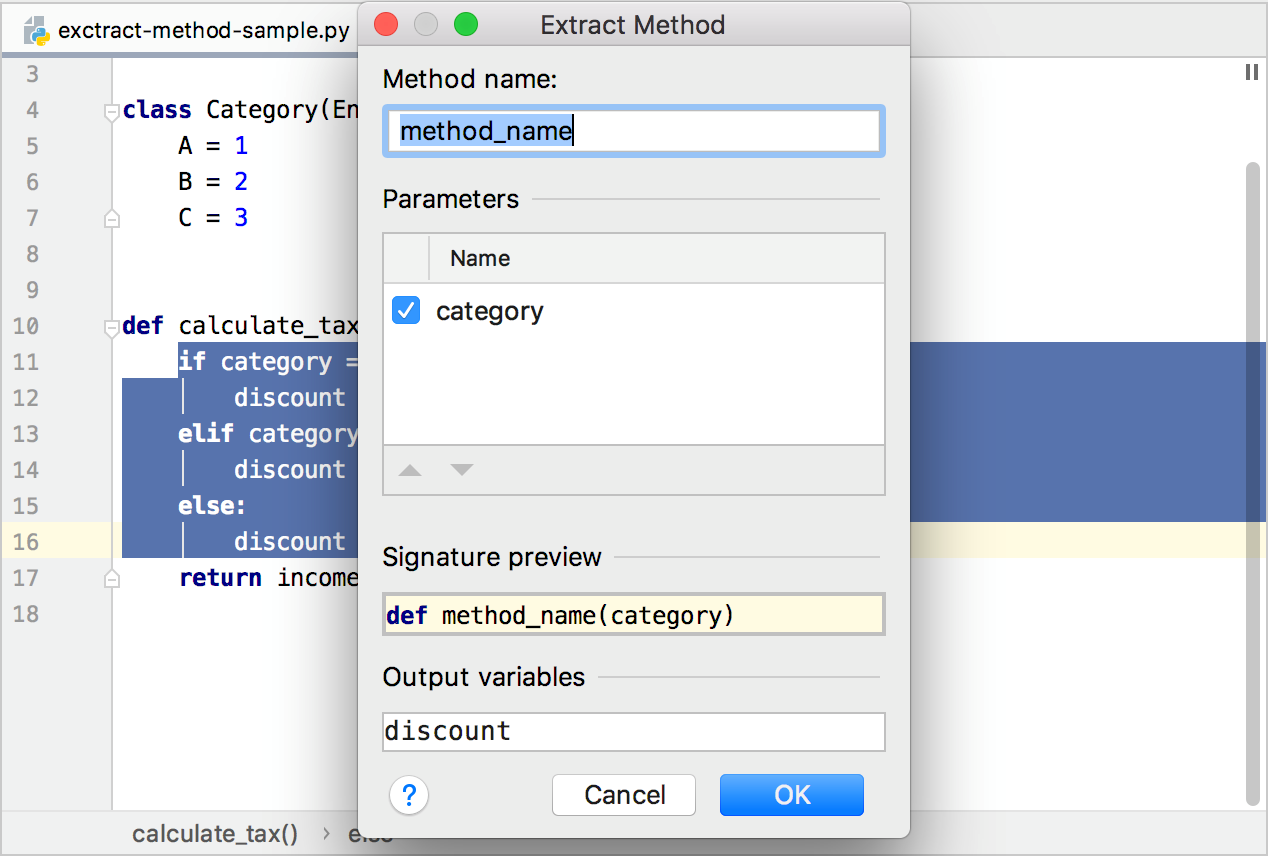 Extracting a method in PyCharm