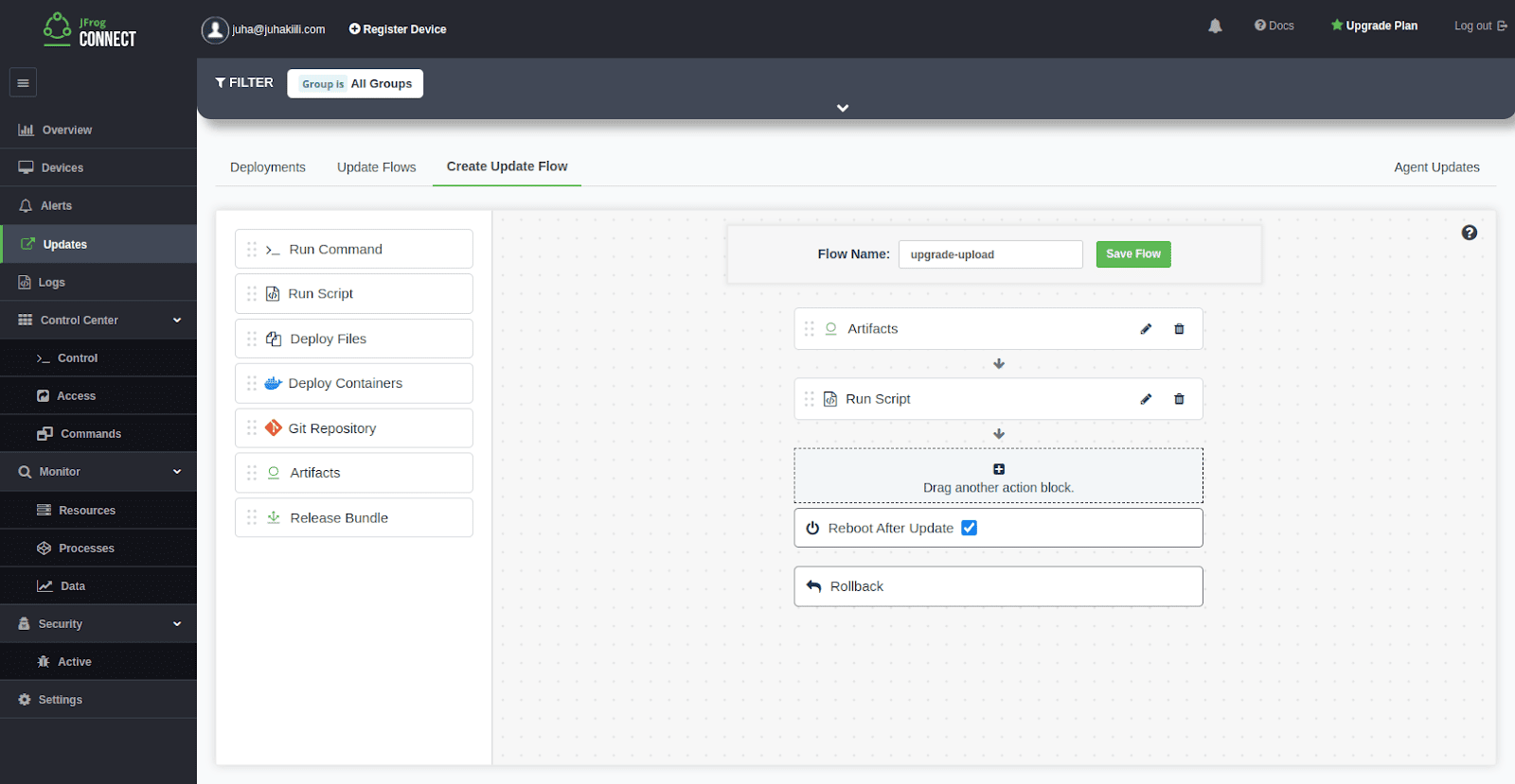 Creating update flows with JFrog Connect