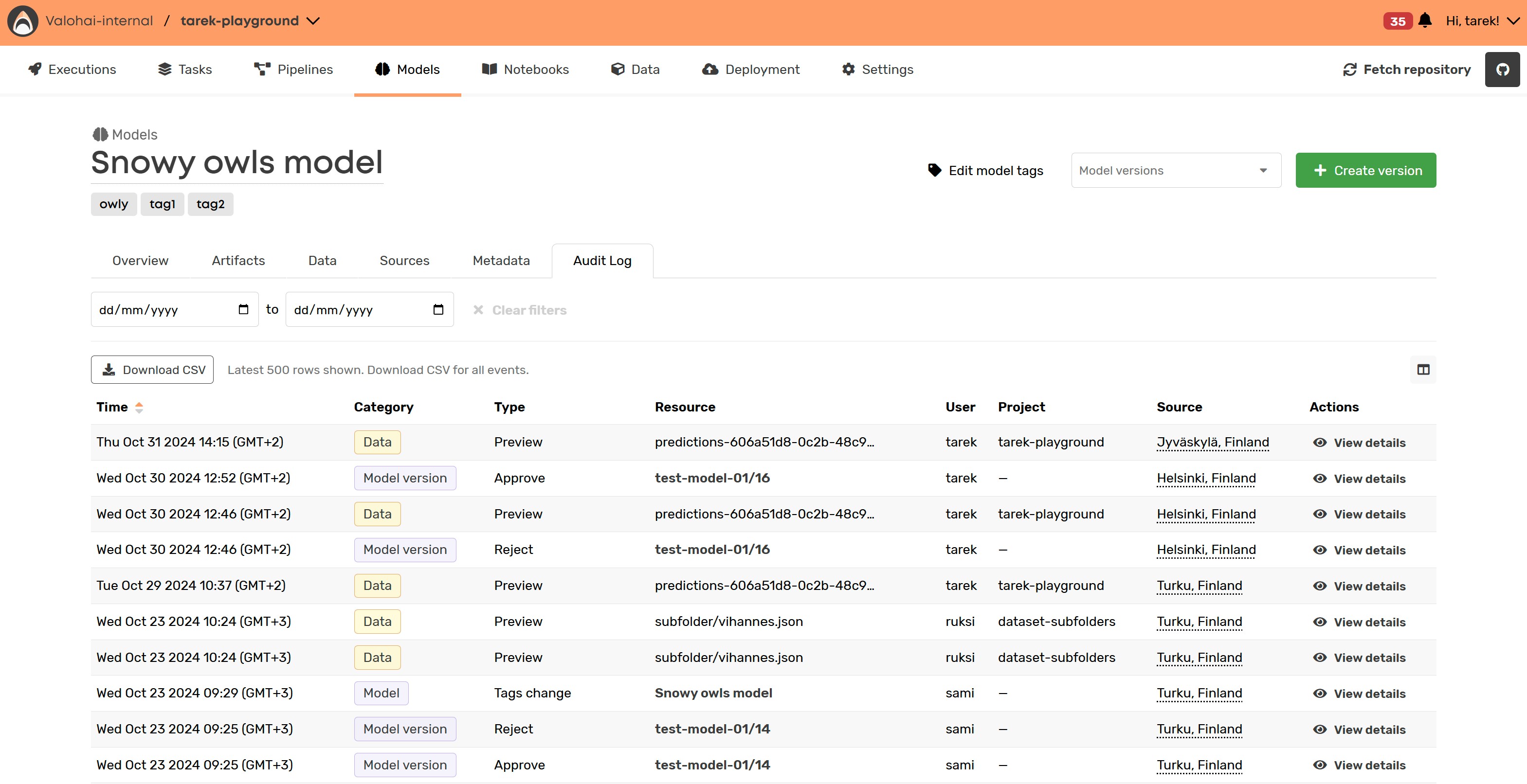 The view of audit events for a spcific model in the Valohai MLOps platform