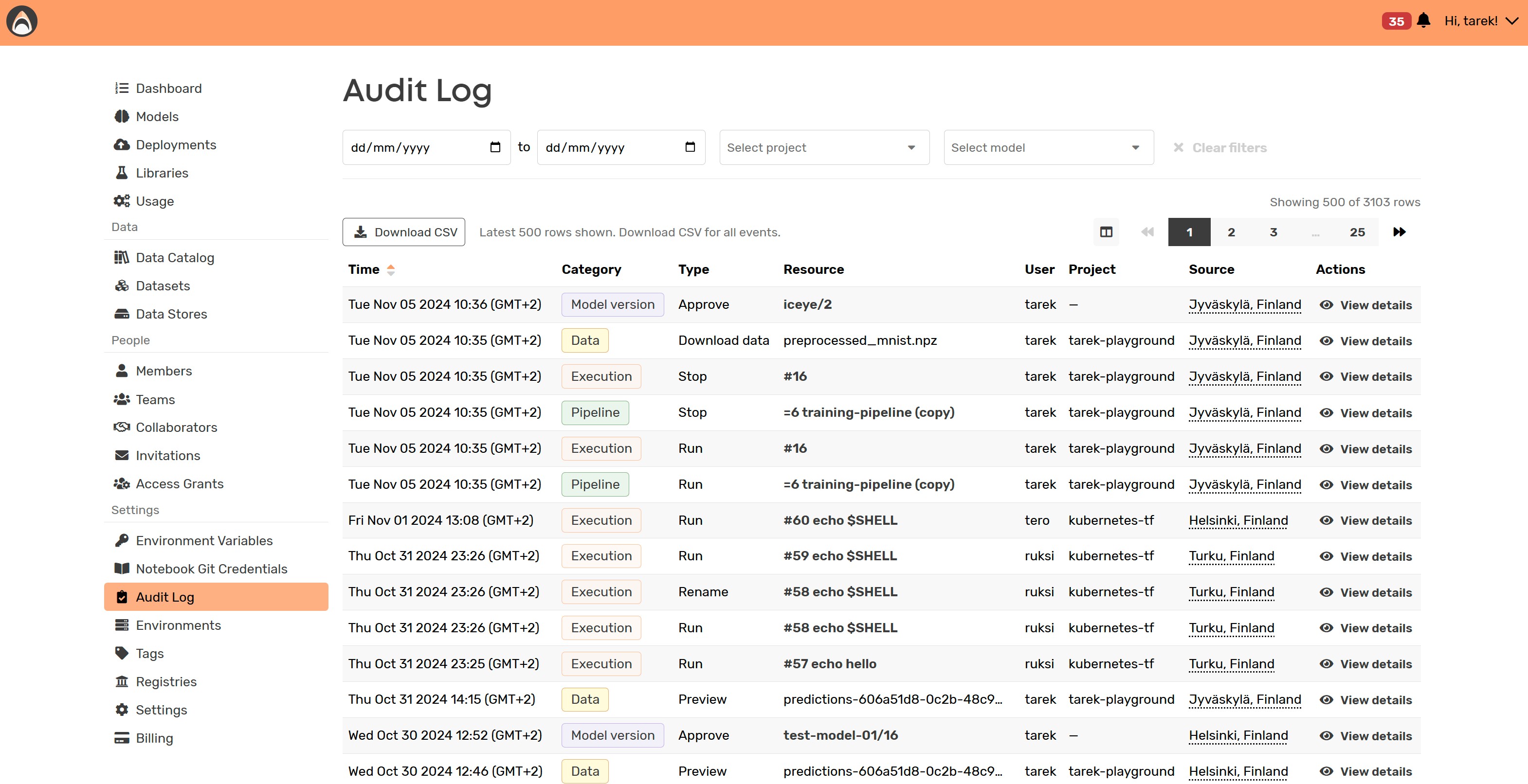 The view of the Audit Log in the Valohai MLOps platform