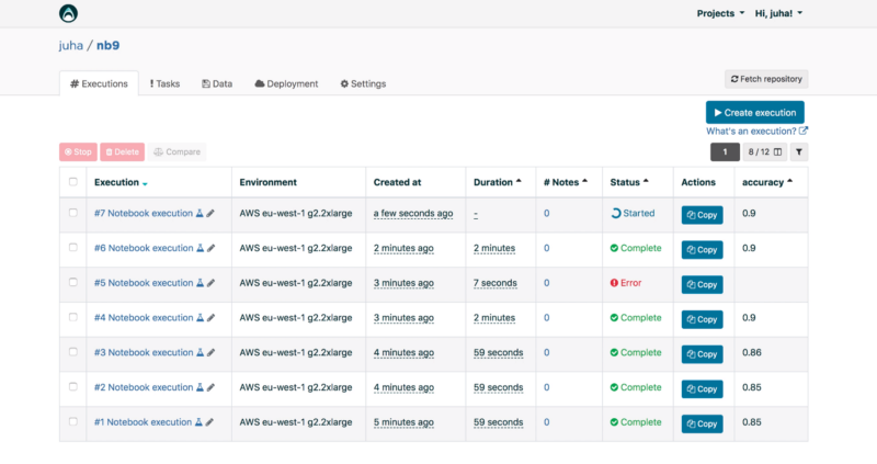 Versioned Notebook experiments on Valohai UI