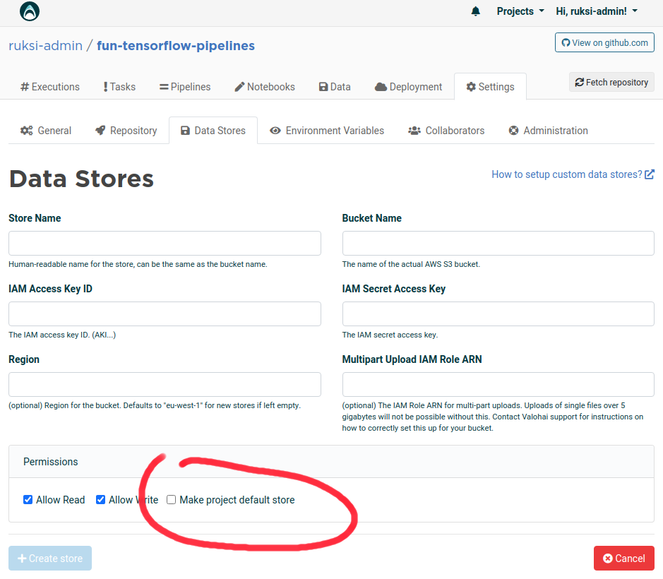 Choice of creating a new default store is found under store creation page